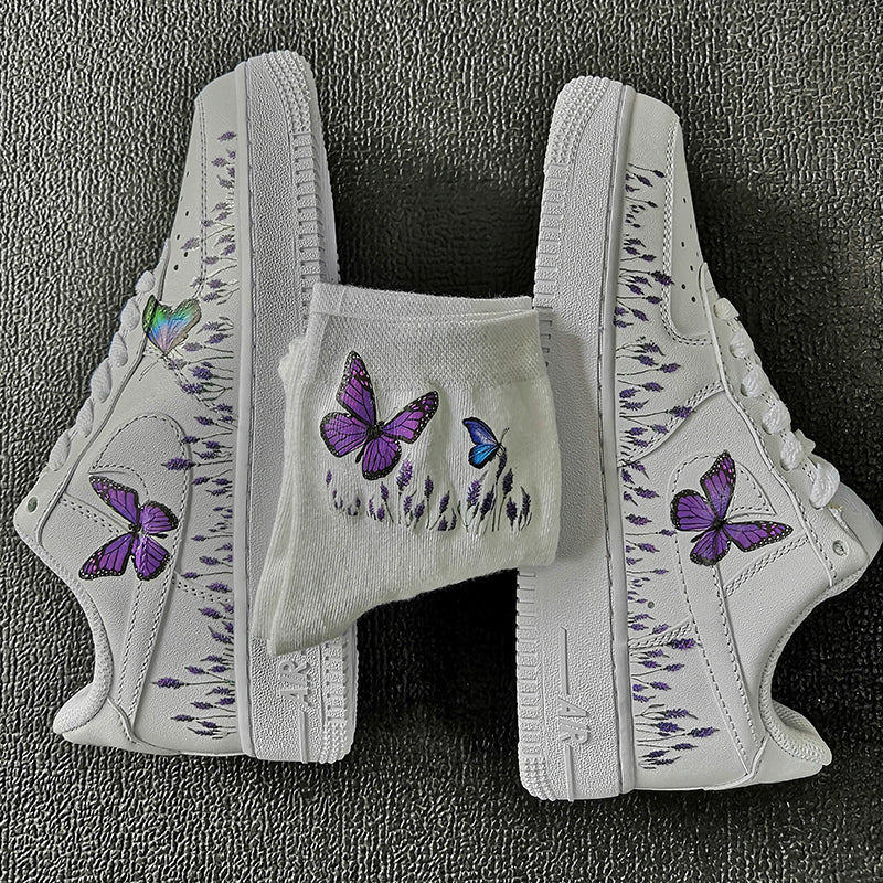 Custom Sneaker AF1 With Romantic lavender and purple butterfly And Matching Socks
