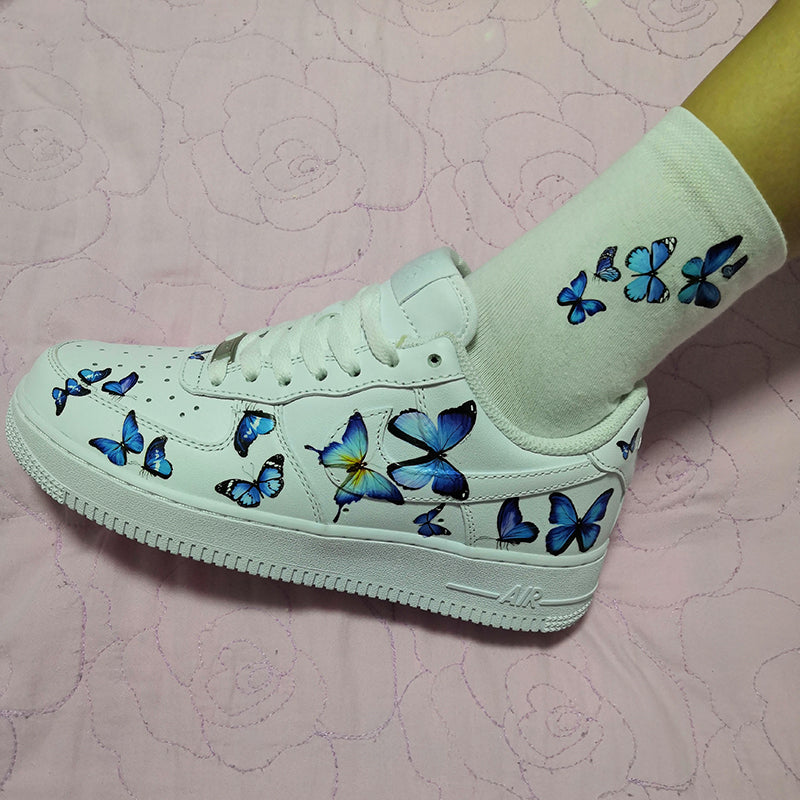 Custom Nike Air Force 1s With Various Blue Butterflies
