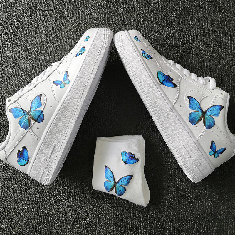 Custom Sneaker Nike Air Force 1s With Various Blue Butterflies