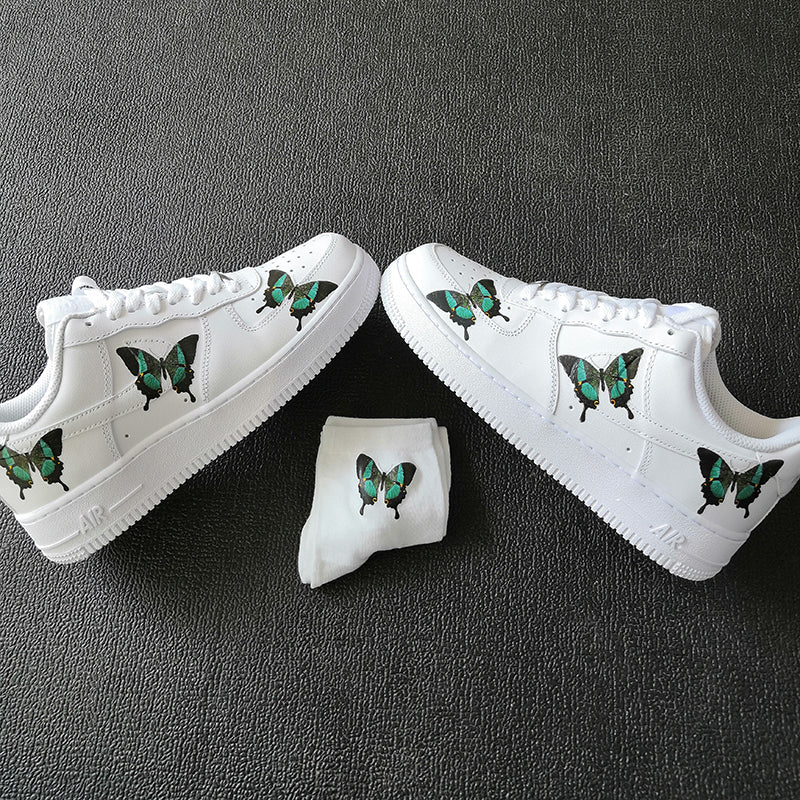 Custom Sneaker Nike AF1 White Low With Green and Black Butterflies And 1 Pair Matching Socks For Free