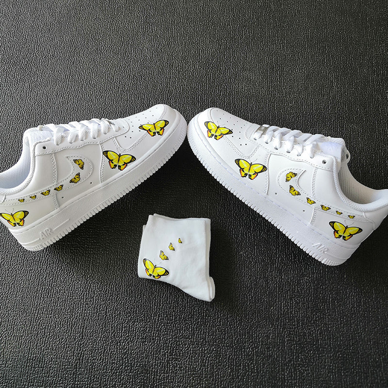 Custom Sneaker Nike Air Force 1 With Yellow Butterflies And 1 Pair Matching Socks For Free