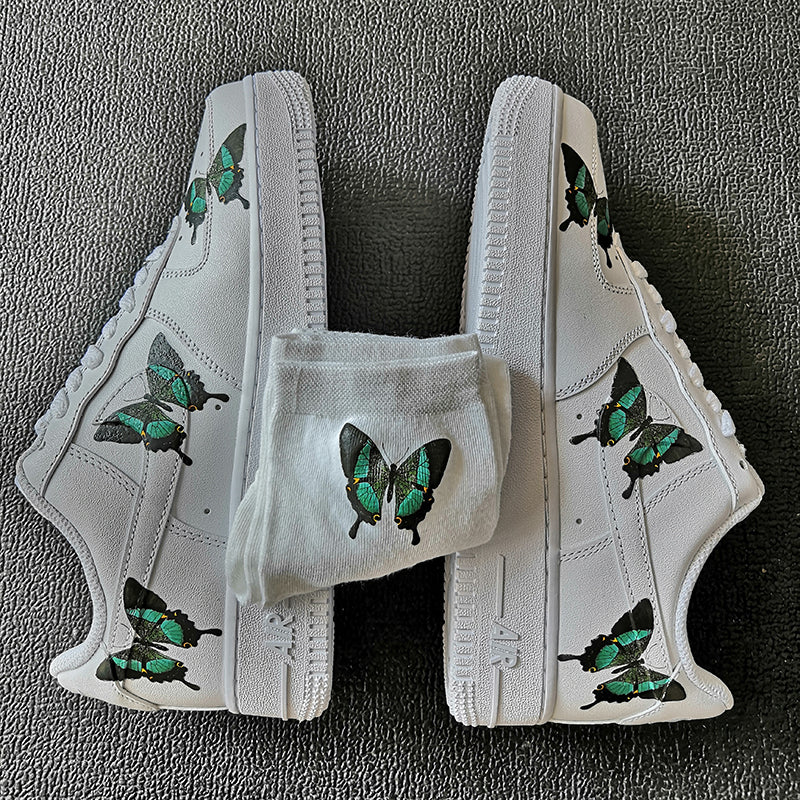 Custom Sneaker Nike AF1 White Low With Green and Black Butterflies And 1 Pair Matching Socks For Free