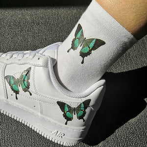 Custom Sneaker Nike AF1 White Low With Green and Black Butterflies And 1 Pair Matching Socks For Free