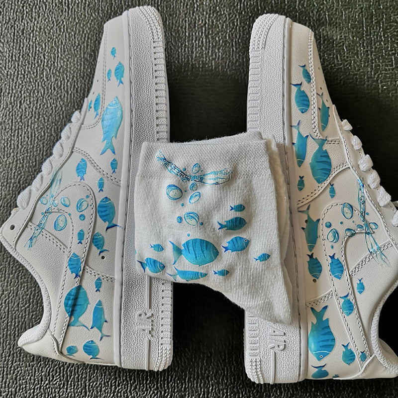 Ocean Theme Custom AF1 Custom Sneaker With Fishes Under the Water