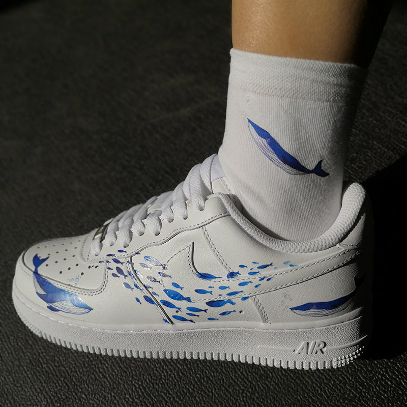 Ocean Theme Custom AF1 With Two Whales Hunting Fishes