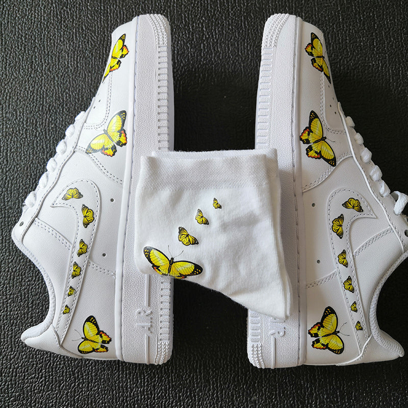 Custom Sneaker Nike Air Force 1 With Yellow Butterflies And 1 Pair Matching Socks For Free